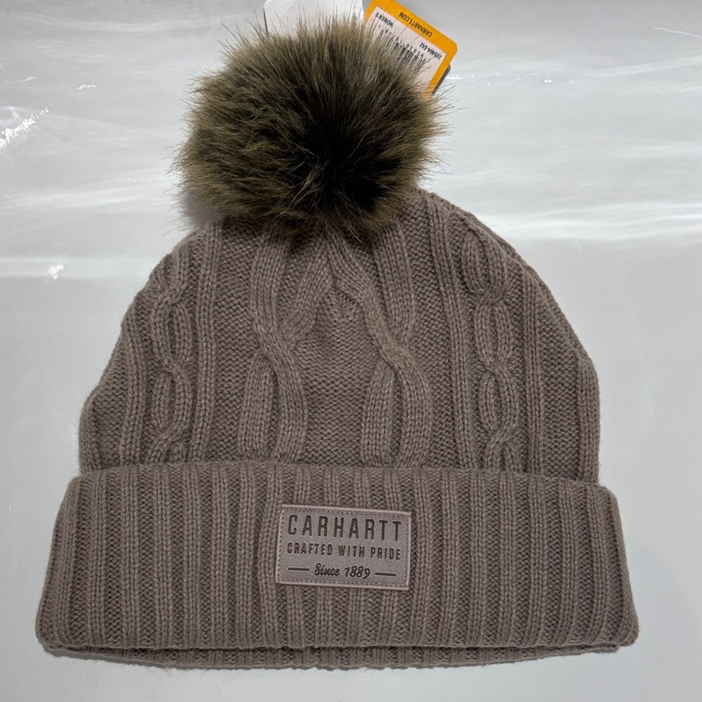 NWT Carhartt Ladies Cable Knit Pom Beanie Hat in Ash Violet